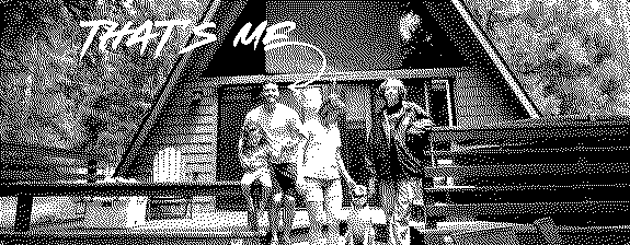Tony and family in front of an A-frame cabin, dithered to black and white